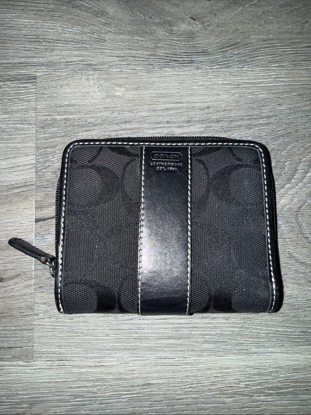 Coach Black Signature Zip Wallet with Contrast Stitching